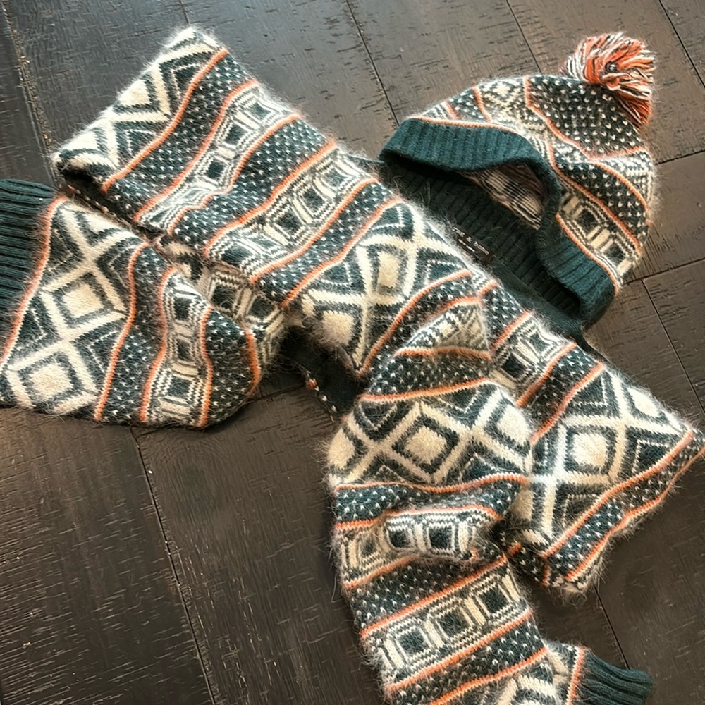 RAG & BONE GRAYLING FAIRISLE HATWRAP Wool Cashmere Angora Beanie Wrap Pom Pom​